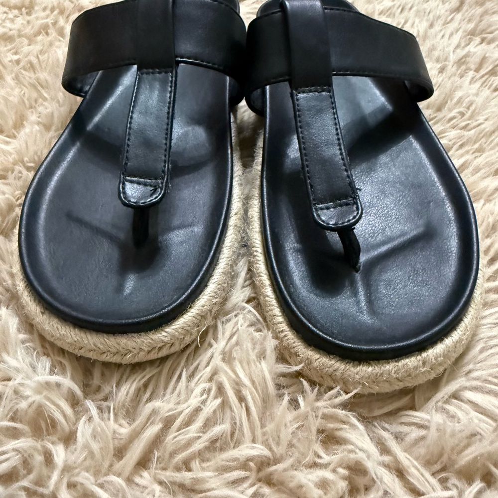 Joie Black Leather Thong Sandals with Natural Rope Espadrille Sole